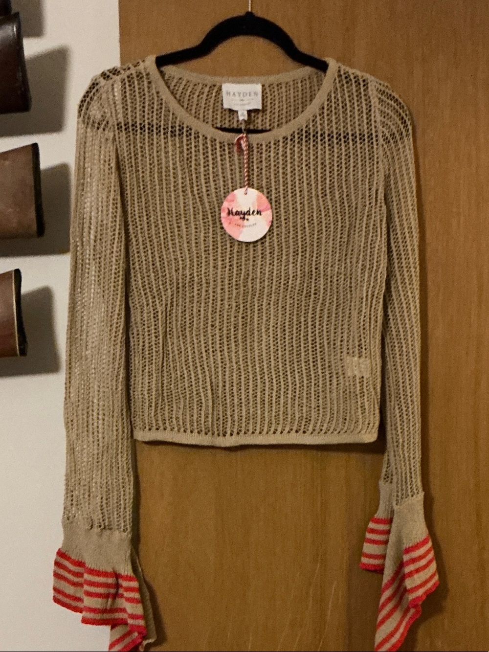 Hayden Cream Open-Knit Sweater with Red-Striped Ruffle Cuffs